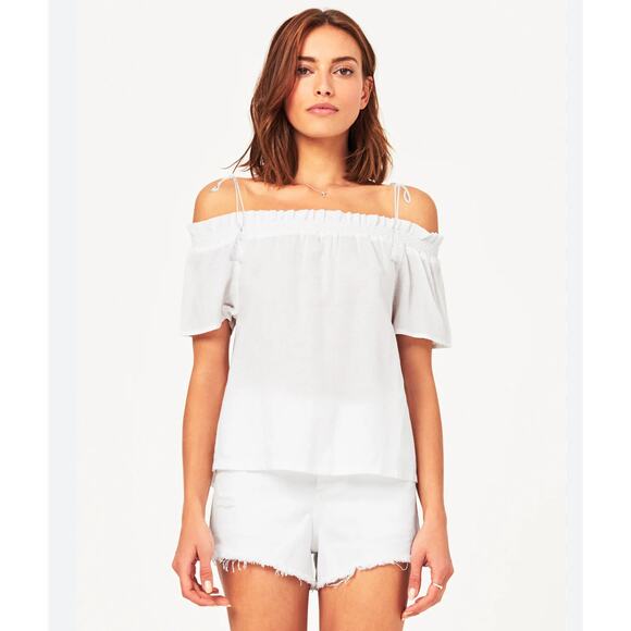 DL1961 Cornelia Cropped Top Womens XS White Off Shoulder Linen Blend Tasseled - Picture 8 of 10